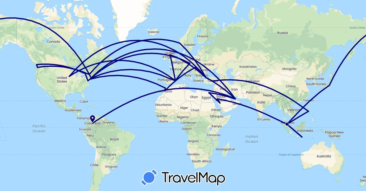 TravelMap itinerary: driving in United Arab Emirates, Canada, Colombia, Czech Republic, Egypt, Spain, United Kingdom, Hungary, Indonesia, Japan, Morocco, Malaysia, Norway, Philippines, Saudi Arabia, Turkey, United States (Africa, Asia, Europe, North America, South America)